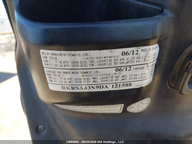 2013 Yamaha Yw50 F მანქანა იყიდება აუქციონზე, vin: RKRSA43N9DA121588, აუქციონის ნომერი: 12695693