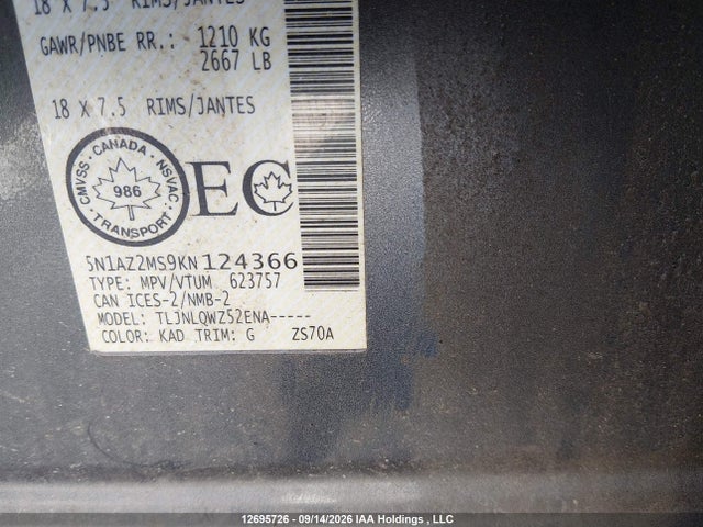 12695726 :رقم المزاد ، 5N1AZ2MS9KN124366 vin ، 2019 Nissan Murano Platinum/sl/sv مزاد بيع