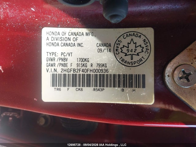 2015 Honda Civic Lx მანქანა იყიდება აუქციონზე, vin: 2HGFB2F40FH000936, აუქციონის ნომერი: 12695728