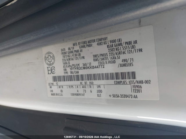 2019 Ford Transit-250 მანქანა იყიდება აუქციონზე, vin: 1FTYR2CM0KKB44772, აუქციონის ნომერი: 12695731