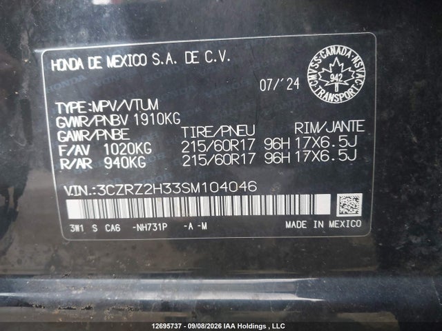 3CZRZ2H33SM104046 Honda Hr-v Lx Awd