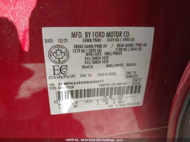 Продаж на аукціоні авто 2022 Ford Edge St Line, vin: 2FMPK4J9XNBA05477, номер лоту: 12695744