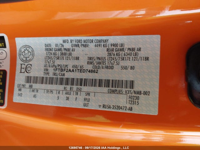 12695746 :رقم المزاد ، 1FTBF2AA1TED74862 vin ، 2026 Ford F250 Super Duty مزاد بيع