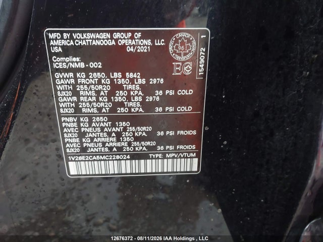 1V2BE2CA5MC228024 Volkswagen Atlas Cross Sport 3.6 Fsi Highline