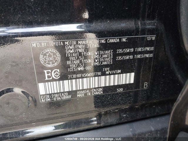 2T3D1RFV5KW007790 Toyota Rav4 Limited