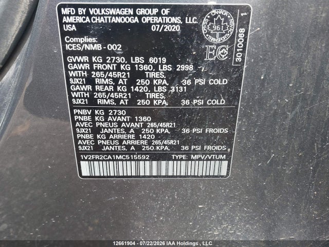 1V2FR2CA1MC515592 Volkswagen Atlas 3.6 Fsi Execline