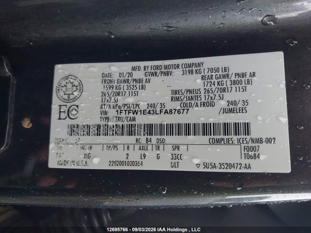 Продажа на аукционе авто 2020 Ford F150 Supercrew, vin: 1FTFW1E43LFA87677, номер лота: 12695766