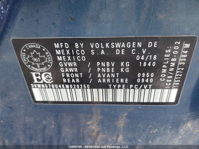 Продажа на аукционе авто 2019 Volkswagen Jetta 1.4 Tsi Comfortline, vin: 3VWN57BU4KM020250, номер лота: 12695769
