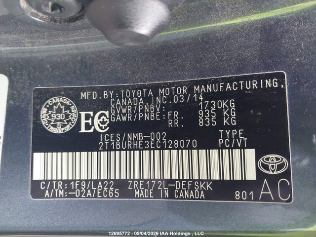 Продажа на аукционе авто 2014 Toyota Corolla L/le/le Pls/prm/s/s Pls, vin: 2T1BURHE3EC128070, номер лота: 12695772