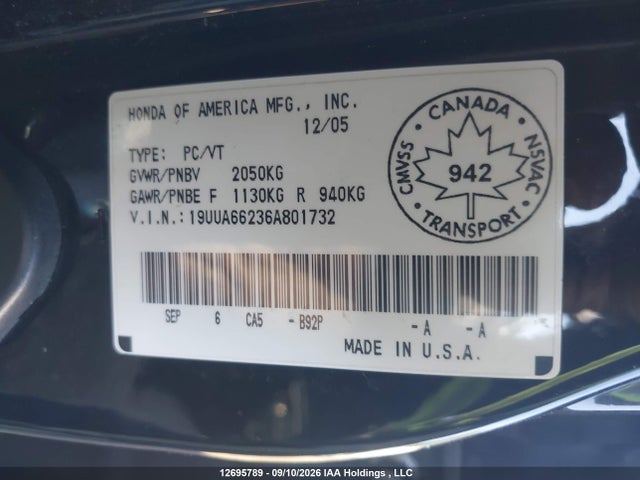 Aukcja sprzedaży 2006 Acura 3.2tl, vin: 19UUA66236A801732, numer aukcji: 12695789