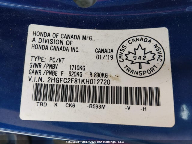 Honda Civic Sport 2019 2HGFC2F81KH012720 Image 9