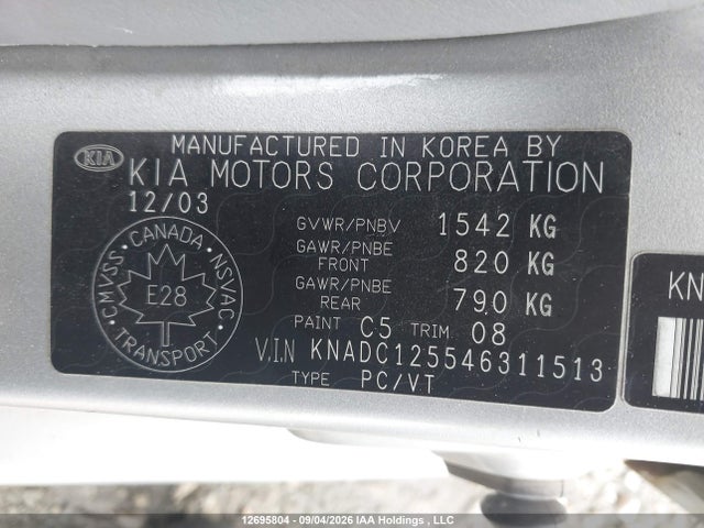 12695804 :رقم المزاد ، KNADC125546311513 vin ، 2004 Kia Rio مزاد بيع
