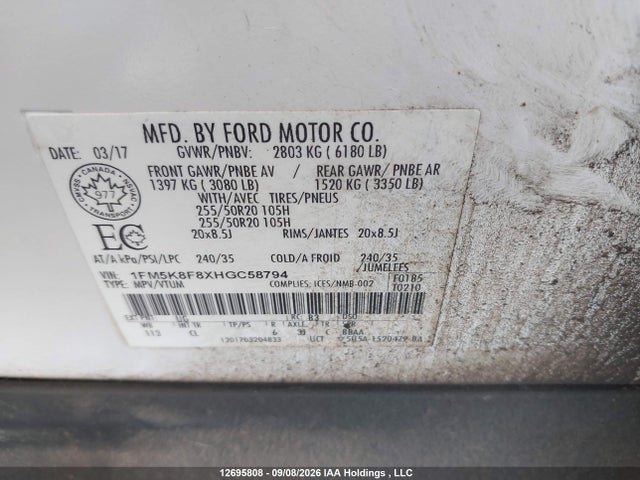 2017 Ford Explorer Limited მანქანა იყიდება აუქციონზე, vin: 1FM5K8F8XHGC58794, აუქციონის ნომერი: 12695808