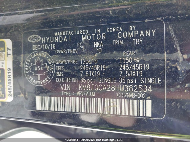 12695814 :رقم المزاد ، KM8J3CA28HU382534 vin ، 2017 Hyundai Tucson Limited/sport And Eco/se مزاد بيع
