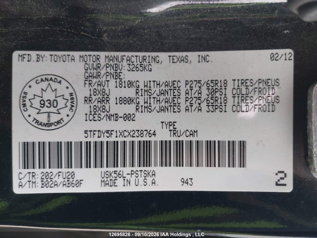 Продажа на аукционе авто 2012 Toyota Tundra Sr5 5.7l V8, vin: 5TFDY5F1XCX238764, номер лота: 12695826