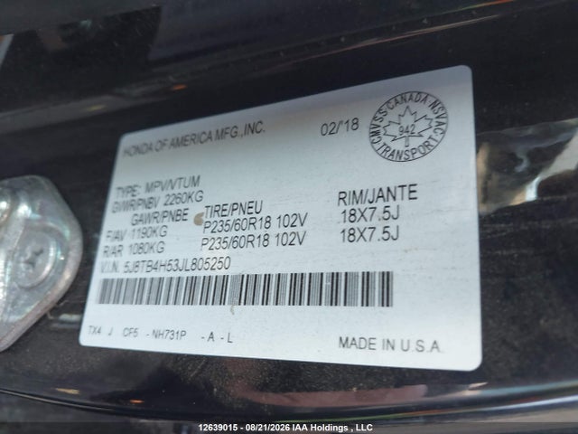 2018 Acura Rdx Tech მანქანა იყიდება აუქციონზე, vin: 5J8TB4H53JL805250, აუქციონის ნომერი: 12639015