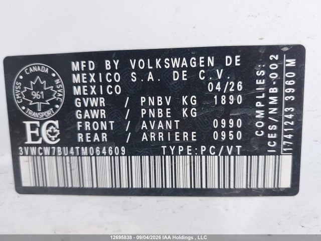 Продажа на аукционе авто 2026 Volkswagen Jetta Trendline, vin: 3VWCW7BU4TM064609, номер лота: 12695838