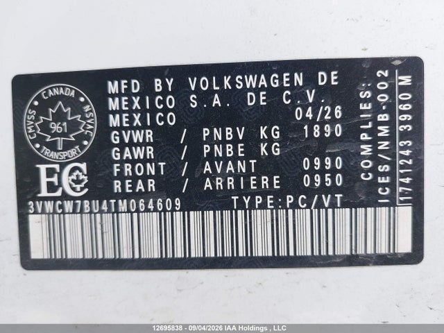 Продажа на аукционе авто 2026 Volkswagen Jetta Trendline, vin: 3VWCW7BU4TM064609, номер лота: 12695838