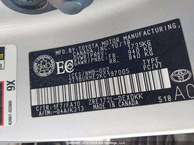 12663805 :رقم المزاد ، 2T1BURHE2KC197005 vin ، 2019 Toyota Corolla Ce مزاد بيع