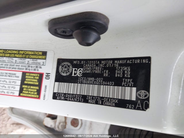 Aukcja sprzedaży 2016 Toyota Corolla L/le/le Pls/prm/s/s Pls, vin: 2T1BURHE6GC594403, numer aukcji: 12695842