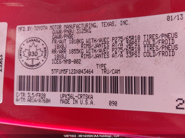 12671532 :رقم المزاد ، 5TFUM5F12DX043464 vin ، 2013 Toyota Tundra Sr5 4.6l V8 مزاد بيع