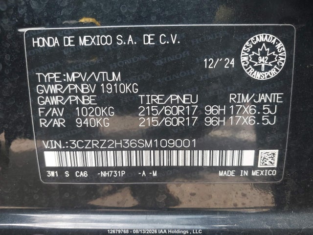 Продажа на аукционе авто 2025 Honda Hr-v Lx Awd, vin: 3CZRZ2H36SM109001, номер лота: 12679768