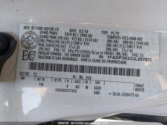 1FADP3K23JL297025 Ford FOCUS SE