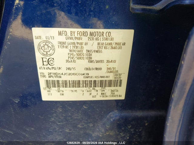 12682829 :رقم المزاد ، 2FMDK4JC2DBC08439 vin ، 2013 Ford Edge Sel مزاد بيع