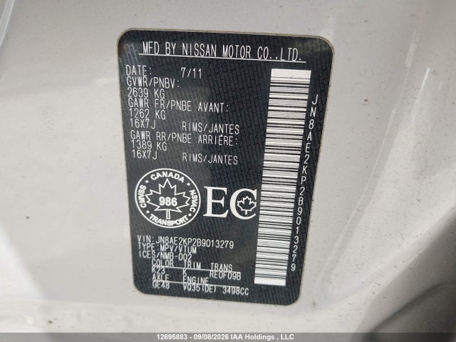 12695883 :رقم المزاد ، JN8AE2KP2B9013279 vin ، 2011 Nissan Quest Sv مزاد بيع