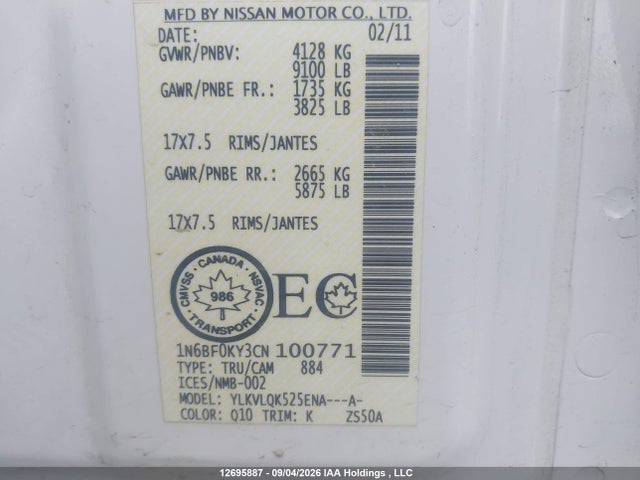 Aukcja sprzedaży 2012 Nissan Nv 2500 Nv2500 Hd S V6/nv2500 Hd Sv V6, vin: 1N6BF0KY3CN100771, numer aukcji: 12695887