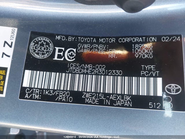 12695910 :رقم المزاد ، JTDBDMHE2R3012330 vin ، 2024 Toyota Corolla Hybrid Le مزاد بيع
