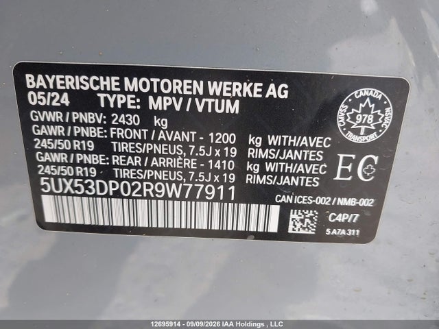 12695914 :رقم المزاد ، 5UX53DP02R9W77911 vin ، 2024 Bmw X3 Xdrive30i مزاد بيع