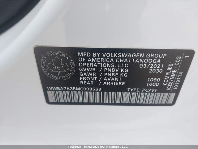 Aukcja sprzedaży 2021 Volkswagen Passat Highline, vin: 1VWBA7A35MC008569, numer aukcji: 12695928