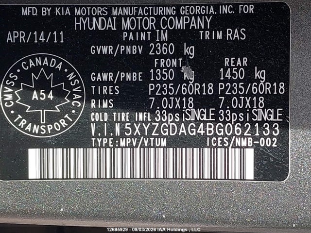 2011 Hyundai Santa Fe Gl 3.5/gl 3.5 Sport მანქანა იყიდება აუქციონზე, vin: 5XYZGDAG4BG062133, აუქციონის ნომერი: 12695929