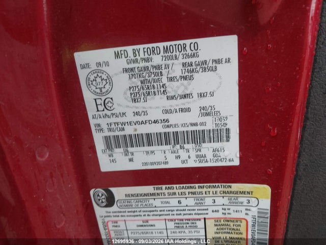 2010 Ford F-150 Xlt მანქანა იყიდება აუქციონზე, vin: 1FTFW1EV0AFD46356, აუქციონის ნომერი: 12695936