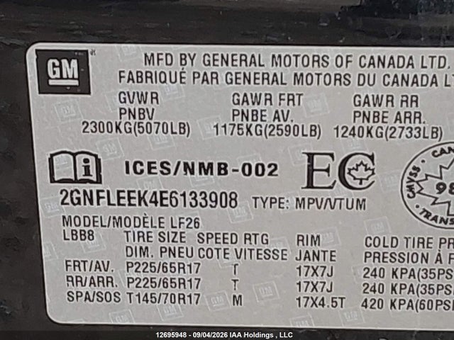 2014 Chevrolet Equinox Ls მანქანა იყიდება აუქციონზე, vin: 2GNFLEEK4E6133908, აუქციონის ნომერი: 12695948