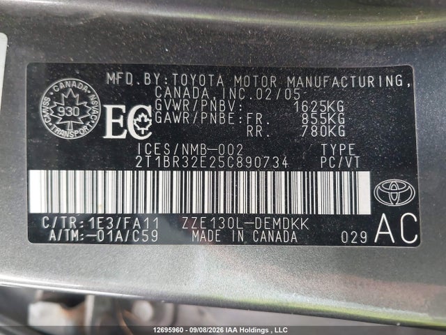 Продажа на аукционе авто 2005 Toyota Corolla Ce/le/sport, vin: 2T1BR32E25C890734, номер лота: 12695960