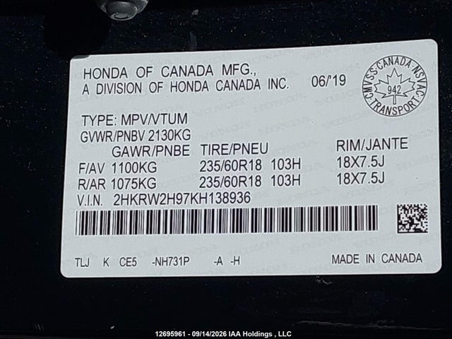 2019 Honda Cr-v Touring მანქანა იყიდება აუქციონზე, vin: 2HKRW2H97KH138936, აუქციონის ნომერი: 12695961