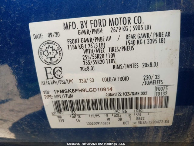 12695966 :رقم المزاد ، 1FMSK8FH9LGD10914 vin ، 2020 Ford Explorer Limited مزاد بيع