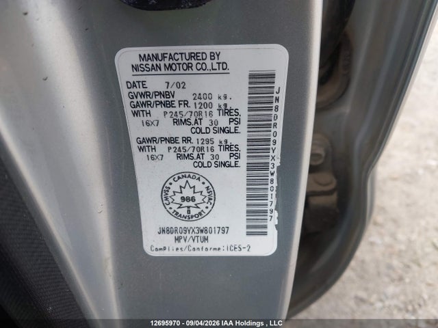 Продажа на аукционе авто 2003 Nissan Pathfinder Le/se, vin: JN8DR09YX3W801797, номер лота: 12695970