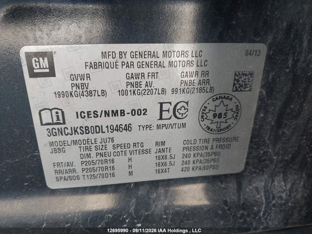 2013 Chevrolet Trax მანქანა იყიდება აუქციონზე, vin: 3GNCJKSB0DL194646, აუქციონის ნომერი: 12695990
