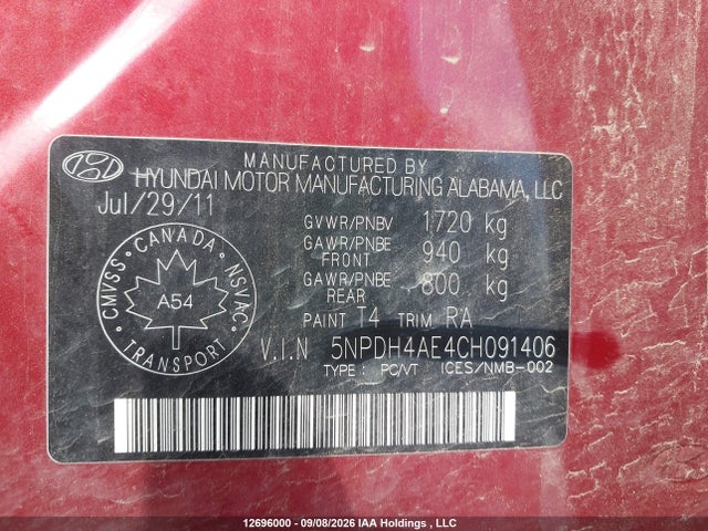 Aukcja sprzedaży 2012 Hyundai Elantra, vin: 5NPDH4AE4CH091406, numer aukcji: 12696000