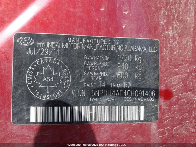 Aukcja sprzedaży 2012 Hyundai Elantra, vin: 5NPDH4AE4CH091406, numer aukcji: 12696000