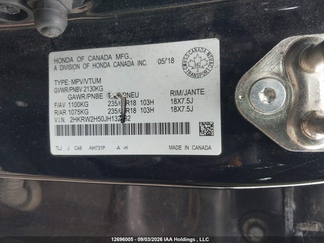 12696005 :رقم المزاد ، 2HKRW2H50JH132682 vin ، 2018 Honda Cr-v Ex مزاد بيع