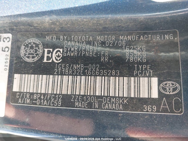 Продажа на аукционе авто 2006 Toyota Corolla Ce/le/sport, vin: 2T1BR32E16C635283, номер лота: 12696006