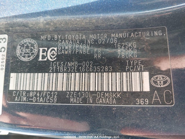 Продажа на аукционе авто 2006 Toyota Corolla Ce/le/sport, vin: 2T1BR32E16C635283, номер лота: 12696006