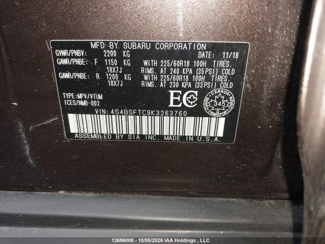Aukcja sprzedaży 2019 Subaru Outback 3.6r Premier Eyesight Package/3.6r Touring, vin: 4S4BSFTC9K3263760, numer aukcji: 12696008