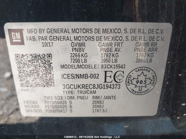 Продажа на аукционе авто 2018 Chevrolet Silverado K1500 Lt, vin: 3GCUKREC8JG194373, номер лота: 12696012