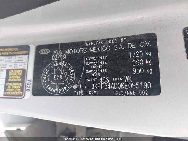 3KPF54AD0KE095190 KIA Forte Ex/ex Limited/ex Premium/ex+