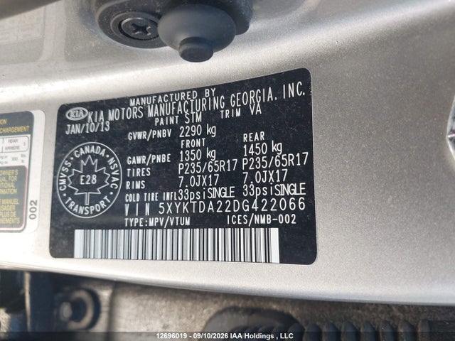 12696019 :رقم المزاد ، 5XYKTDA22DG422066 vin ، 2013 Kia Sorento Lx مزاد بيع